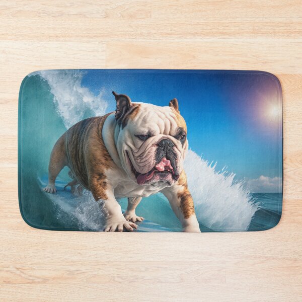 Artikelvorschau, Furchtlose Bulldogge, die auf Surfbrett-Leinwand-Druck surft Buntes modernes digitales Kunst-Plakat Leinwand-Druck Buntes modernes digitales Kunst-Plakat entworfen und verkauft von Acnologiaa.