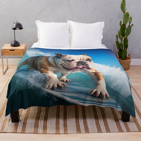 Artikelvorschau, Furchtlose Bulldogge, die auf Surfbrett-Leinwand-Druck surft Buntes modernes digitales Kunst-Plakat Leinwand-Druck Buntes modernes digitales Kunst-Plakat entworfen und verkauft von Acnologiaa.