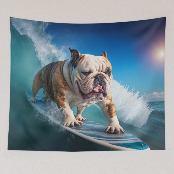 Artikelvorschau, Furchtlose Bulldogge, die auf Surfbrett-Leinwand-Druck surft Buntes modernes digitales Kunst-Plakat Leinwand-Druck Buntes modernes digitales Kunst-Plakat entworfen und verkauft von Acnologiaa.