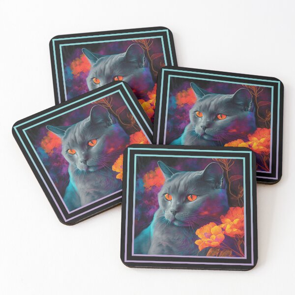 Item preview, Fluffy Chartreux Cat Vibrant Tropical Flower Digital Oil Painting Portrait designed and sold by arthouseflunky.