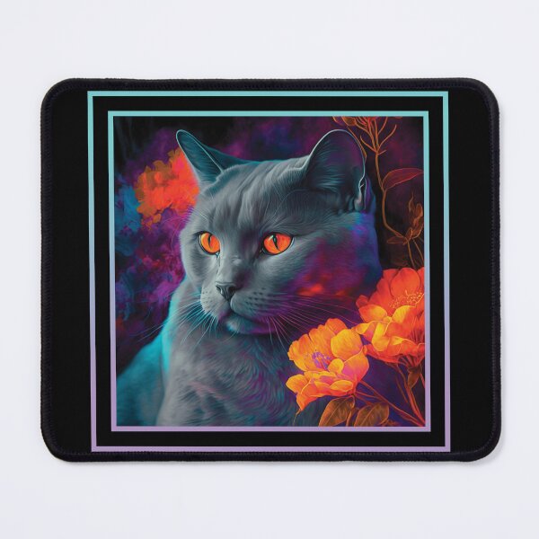 Item preview, Fluffy Chartreux Cat Vibrant Tropical Flower Digital Oil Painting Portrait designed and sold by arthouseflunky.