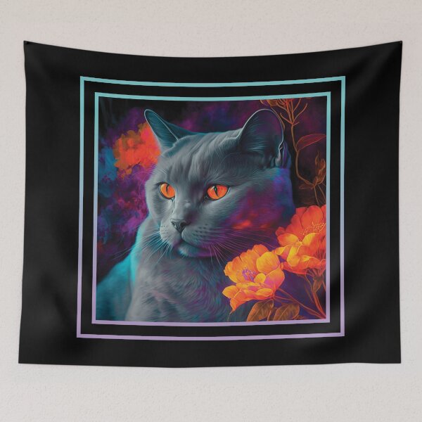 Item preview, Fluffy Chartreux Cat Vibrant Tropical Flower Digital Oil Painting Portrait designed and sold by arthouseflunky.