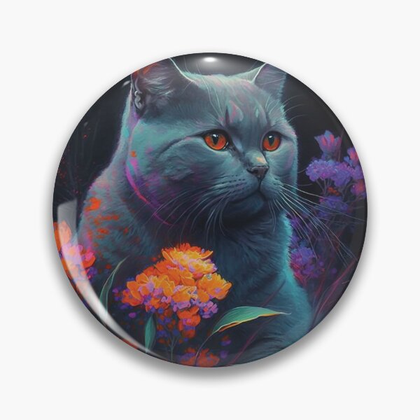 Item preview, Puffy Chartreux Cat Vibrant Tropical Flower Digital Oil Painting Portrait designed and sold by arthouseflunky.