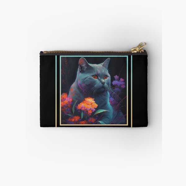 Item preview, Puffy Chartreux Cat Vibrant Tropical Flower Digital Oil Painting Portrait designed and sold by arthouseflunky.