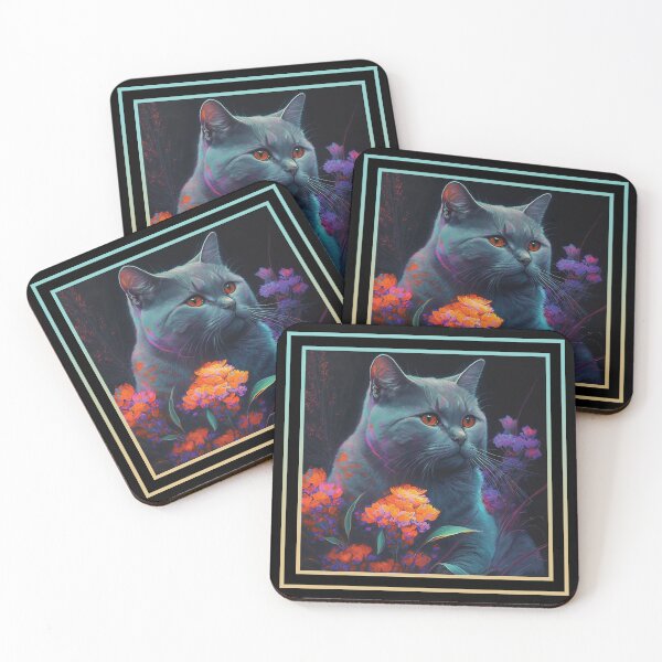 Item preview, Puffy Chartreux Cat Vibrant Tropical Flower Digital Oil Painting Portrait designed and sold by arthouseflunky.