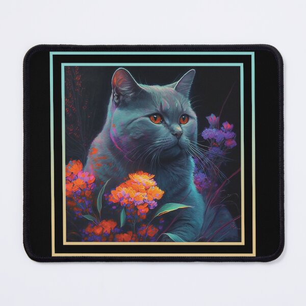 Item preview, Puffy Chartreux Cat Vibrant Tropical Flower Digital Oil Painting Portrait designed and sold by arthouseflunky.