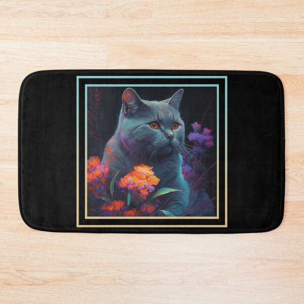Item preview, Puffy Chartreux Cat Vibrant Tropical Flower Digital Oil Painting Portrait designed and sold by arthouseflunky.
