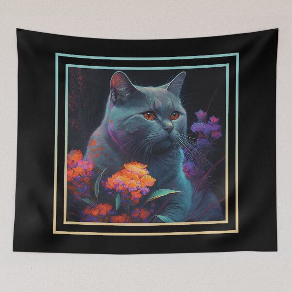 Item preview, Puffy Chartreux Cat Vibrant Tropical Flower Digital Oil Painting Portrait designed and sold by arthouseflunky.