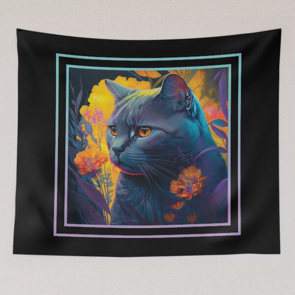 Item preview, Annoyed Chartreux Cat Vibrant Tropical Flower Digital Oil Painting Portrait designed and sold by arthouseflunky.
