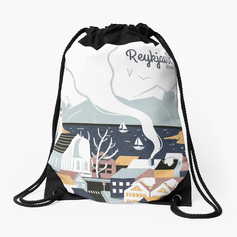 Reykjavik, Iceland, Travel poster Drawstring Bag