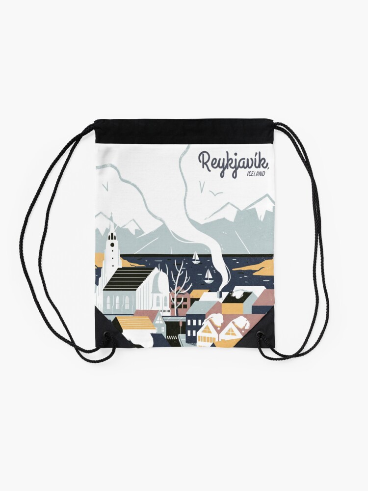 Alternate view of Reykjavik, Iceland, Travel poster Drawstring Bag