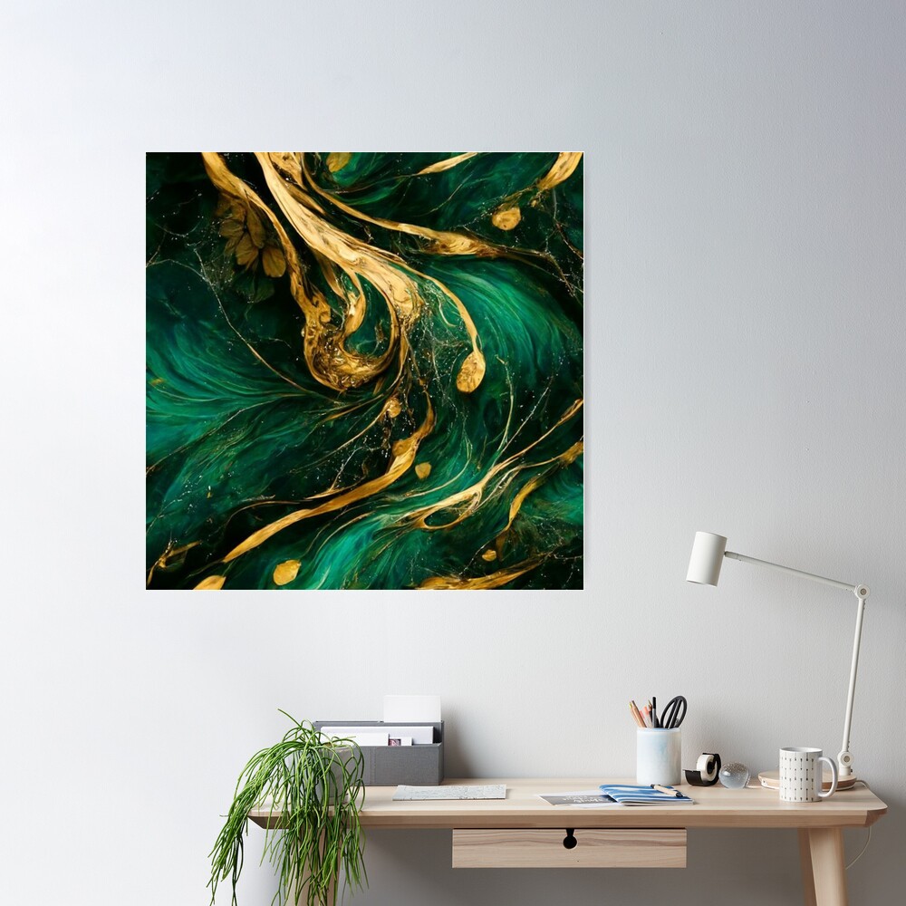 Emerald green and gold flowy marble by print\