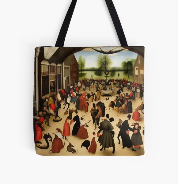 Based on the painting "Wedding Dance", painted in 1566 by the Dutch artist Pieter Brueghel the Elder. The bride in a black dress is in the center, according to the traditions of that time. All Over Print Tote Bag
