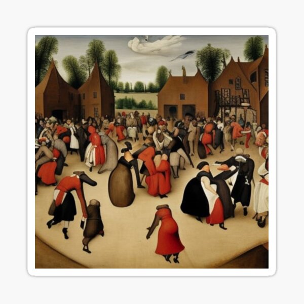 Based on the painting "Wedding Dance", painted in 1566 by the Dutch artist Pieter Brueghel the Elder. The bride in a black dress is in the center, according to the traditions of that time. Sticker