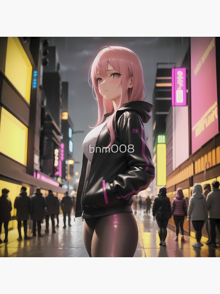 Anime cyberpunk male with pink hair and glasses standing in city