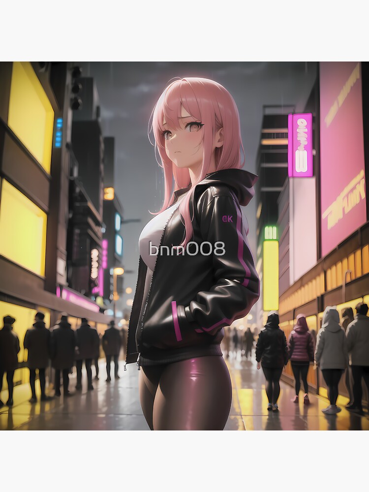 Pretty Skinny Pink Haired Anime Girl In The City After Rain