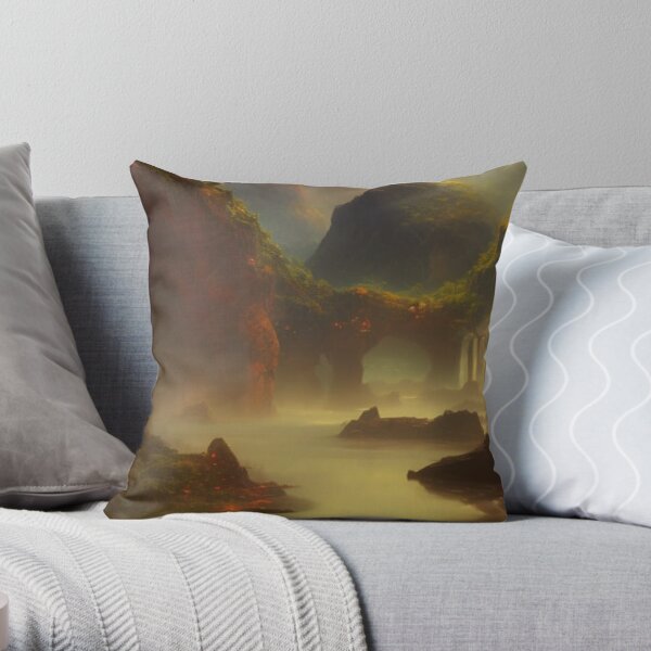 Romantic landscape with mountains and a waterfall in the background Throw Pillow