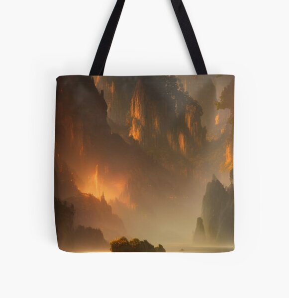 Romantic landscape with mountains and a waterfall in the background All Over Print Tote Bag