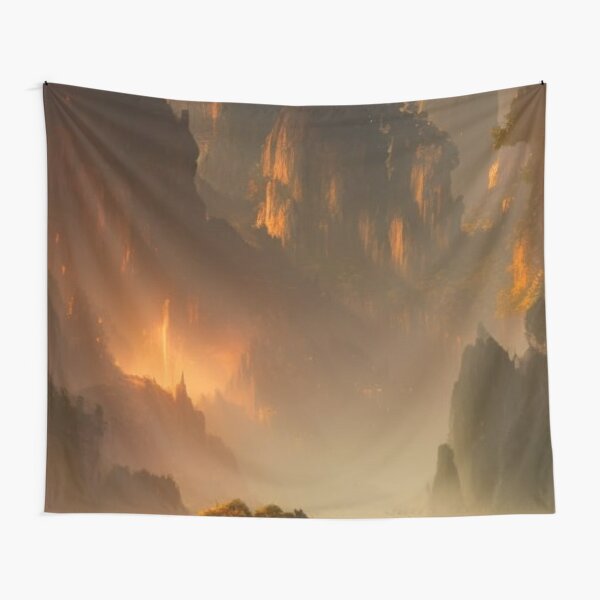 Romantic landscape with mountains and a waterfall in the background Tapestry