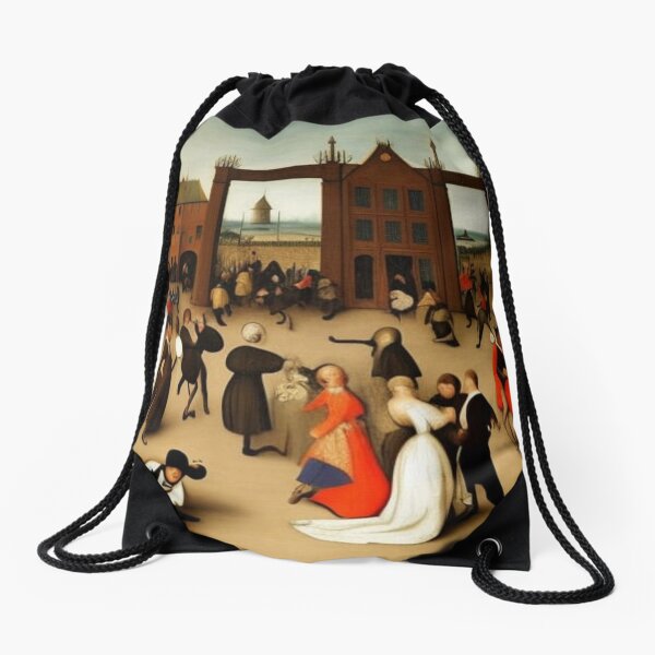 Based on the painting &quot;Wedding Dance&quot;, painted in 1566 by the Dutch artist Pieter Brueghel the Elder. The bride in a black dress is in the center, according to the traditions of that time. Drawstring Bag