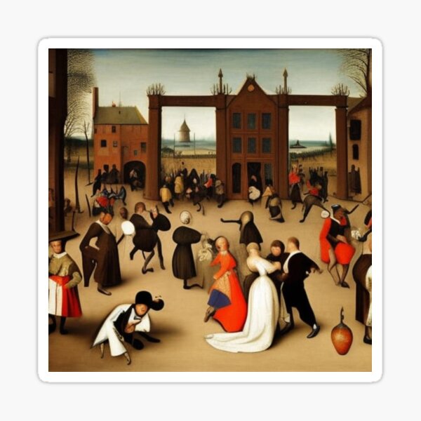 Based on the painting "Wedding Dance", painted in 1566 by the Dutch artist Pieter Brueghel the Elder. The bride in a black dress is in the center, according to the traditions of that time. Sticker