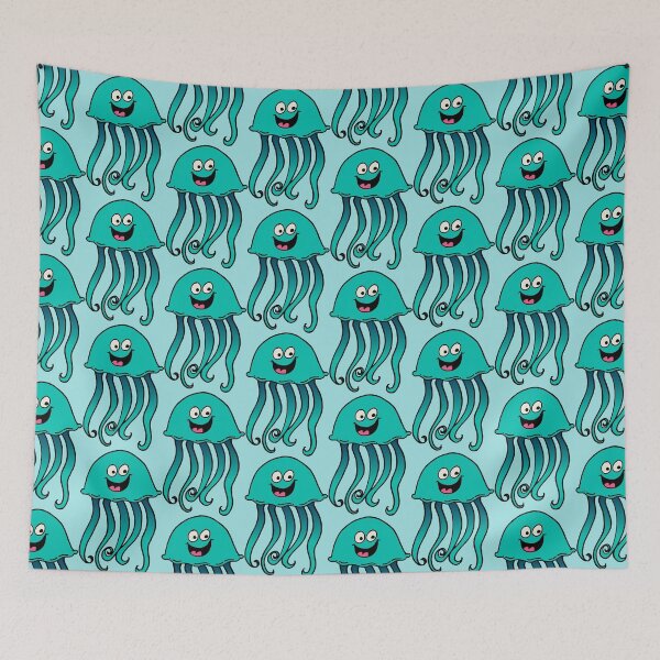 Artikelvorschau, Goofy Silly Smiling Kawaii lächelnde aquamarine Quallen mit rosa Zunge entworfen und verkauft von ErinReneTaylor.