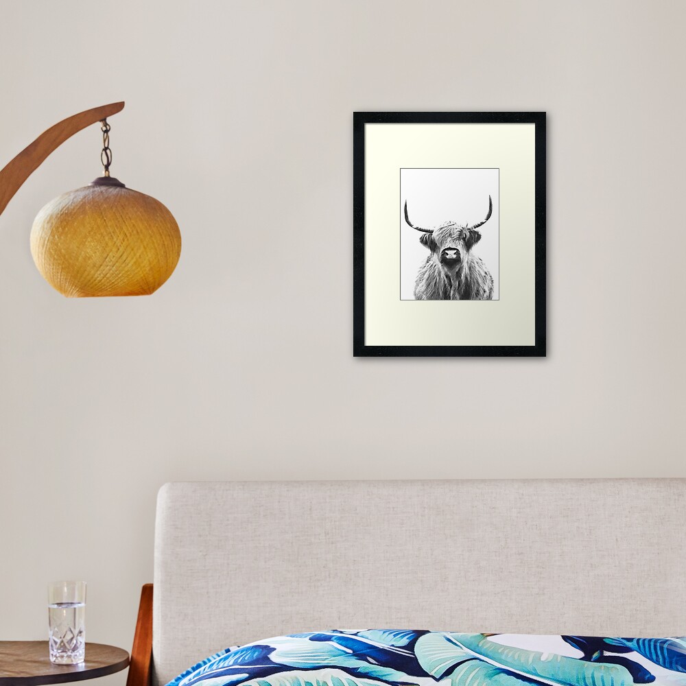 "Black and White Highland Cow" Framed Art Print for Sale by Alemi