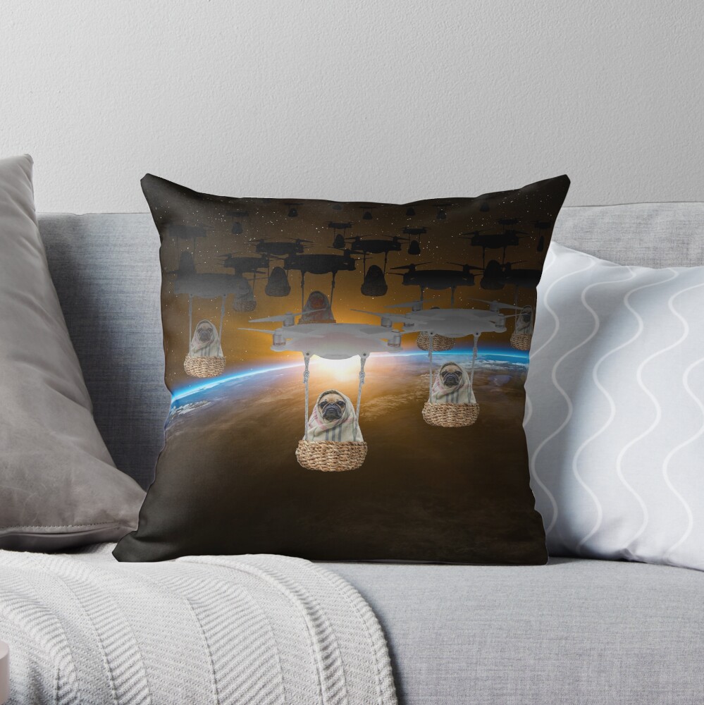 Pugvasion Alien Invasion by Drone Throw Pillow