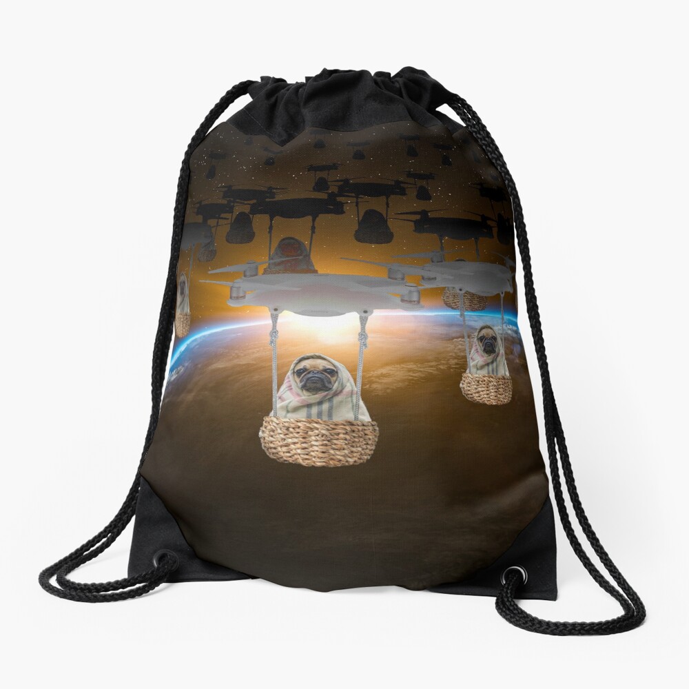 Pugvasion Alien Invasion by Drone Drawstring Bag