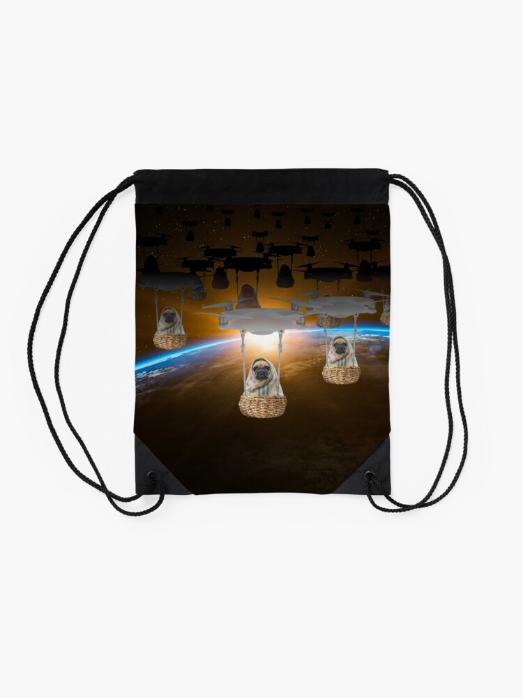 Alternate view of Pugvasion Alien Invasion by Drone Drawstring Bag