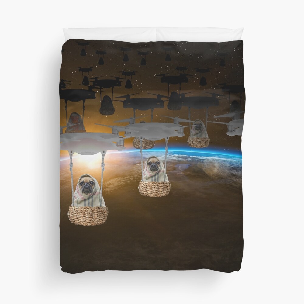 Pugvasion Alien Invasion by Drone Duvet Cover