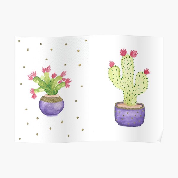 Blooming Cacti in Purple Pots Poster