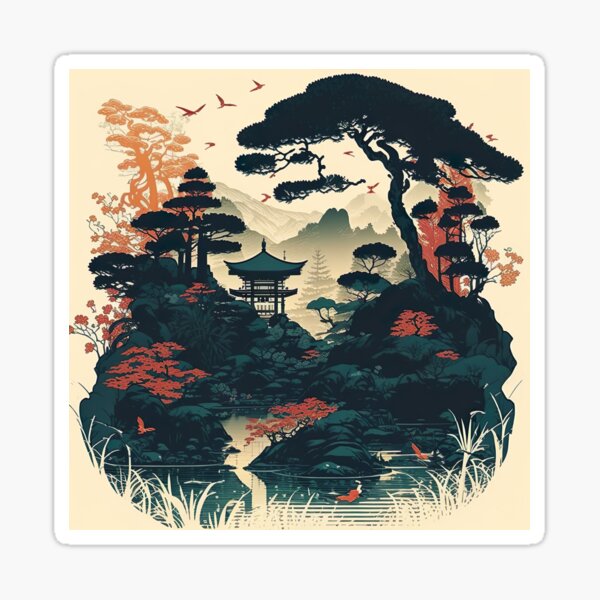 Item preview, Japanese Garden - Aesthetic Landscape Inspired By Ukiyo-e And Katsushika Hokusai designed and sold by Styrman.