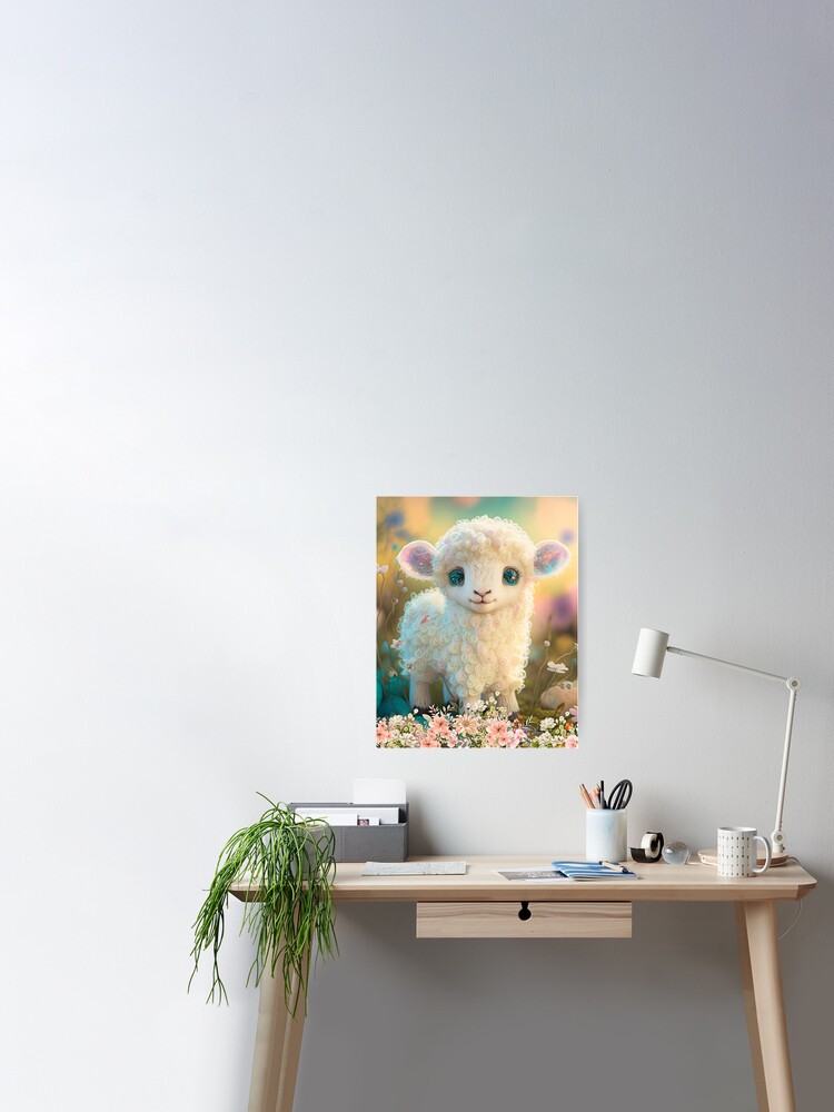 Cute whimsical colorful lamb in flowers art | Poster