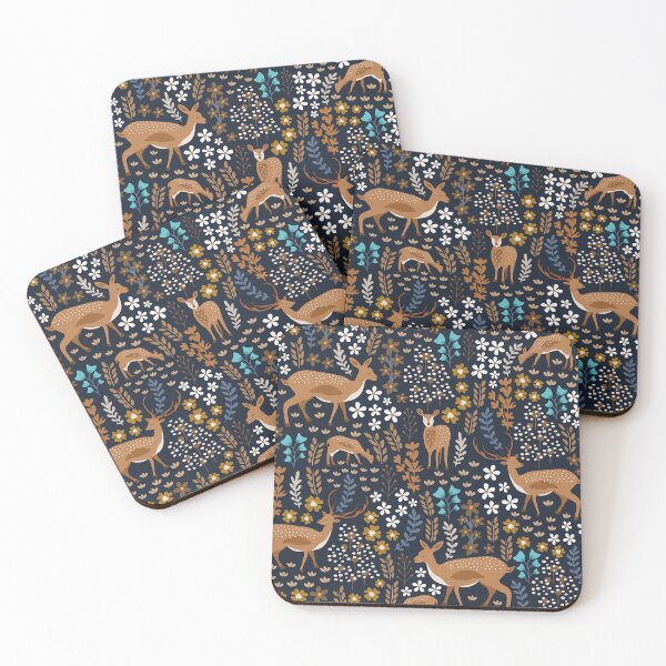 Item preview, Whimsical Woodland Deer Forest Pattern on Navy designed and sold by prirajdesigns.