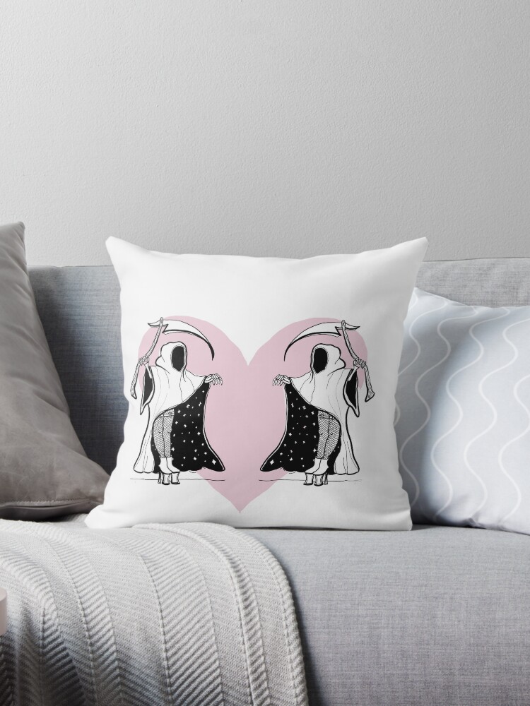 Grim reaper in fishnets and stripper heels doodle sketch with pink heart |  Pillow