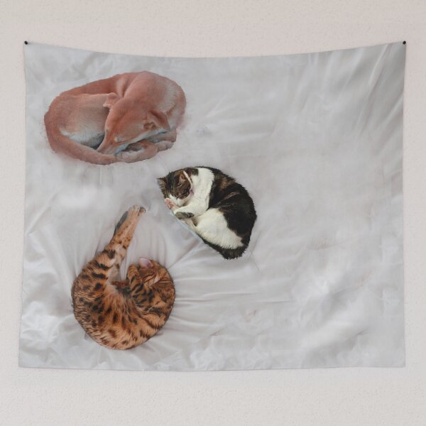 Item preview, Pets on the bed -- cats and dogs on rumpled sheet designed and sold by Deborah Smith.