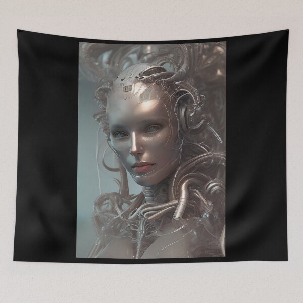 Aperçu de l'œuvre Cyberpunk Cyborg, beau visage d'un hybride cyborg-humain. Visage de l'IA créée et vendue par ArtCreator2023.