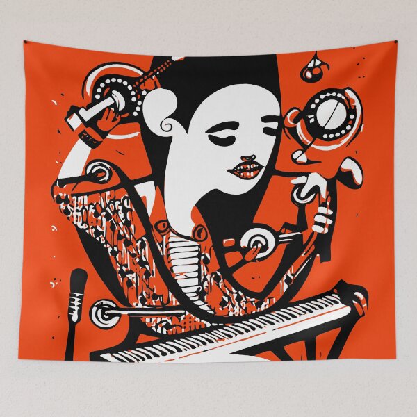 Item preview, "Melodious Warrior: A Woman in a Black and Red Kimono Playing the Piano" designed and sold by FunnyShopGirl.