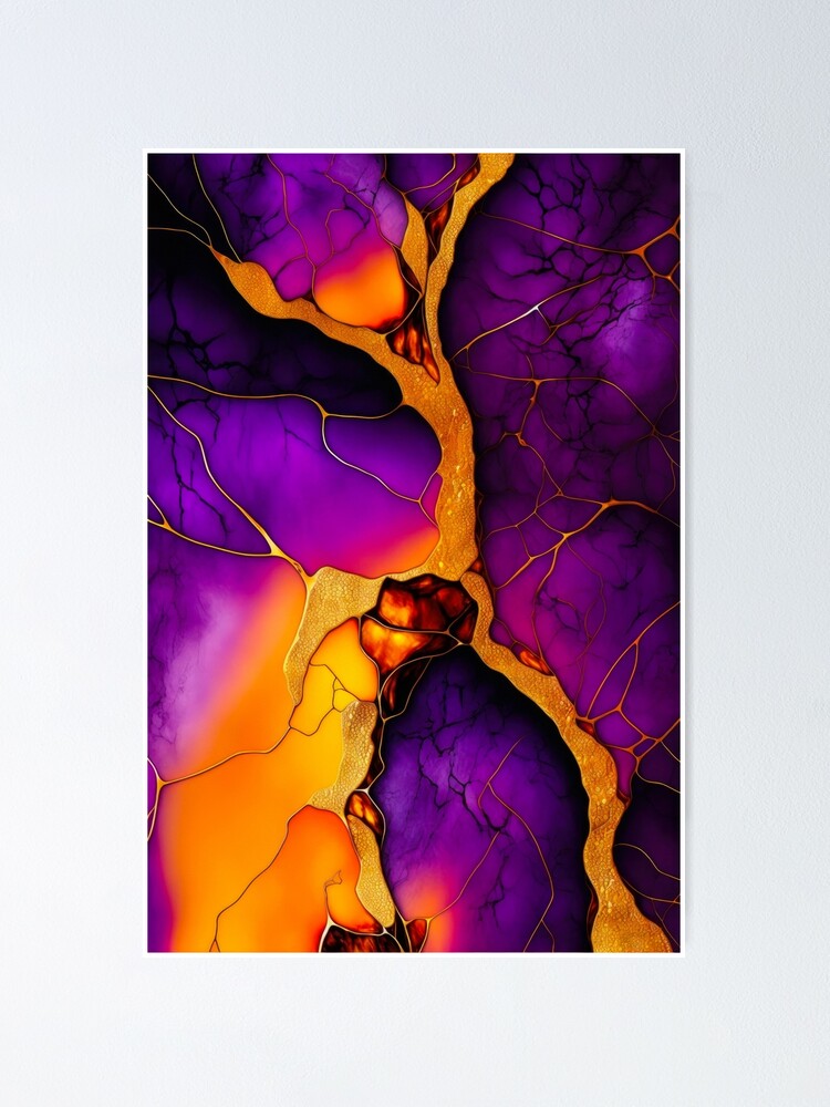 Colorful marble. Alcohol ink color illustration, pink, purple, orange,  violet and black colors with gold veins. | Poster