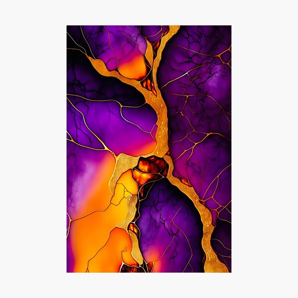 Colorful marble. Alcohol ink color illustration, pink, purple, orange, violet and black colors with gold veins. Photographic Print
