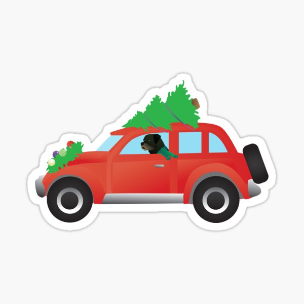 Rottweiler Driving a Red Car with Christmas Tree on Top Sticker
