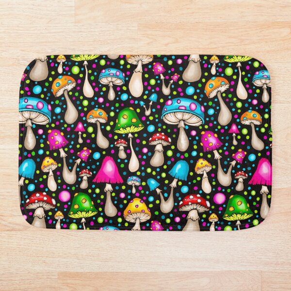 Item preview, Colorful Mushrooms Pattern With Black Background And Colorful Circles designed and sold by PatternHome.