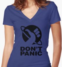 Don't Panic - Hitchhikers Guide Women's Fitted V-Neck T-Shirt
