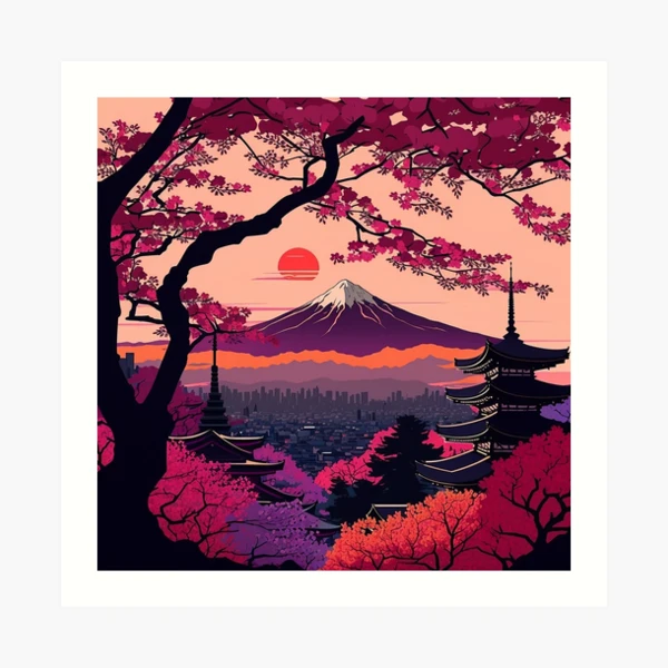 Japanese landscape with temples, mountains and city, colorful, colourful |  Art Print