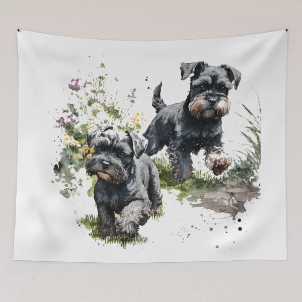 Item preview, Two Black Miniature Schnauzers Playing Watercolour Painting designed and sold by TheArtfulAI.