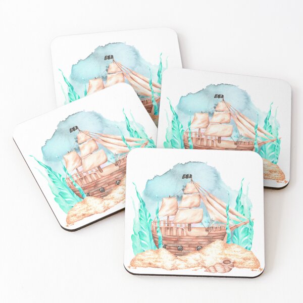 Item preview, Sailing pirate ship at the bottom of the sea. Watercolor illustration. designed and sold by Trilisti.