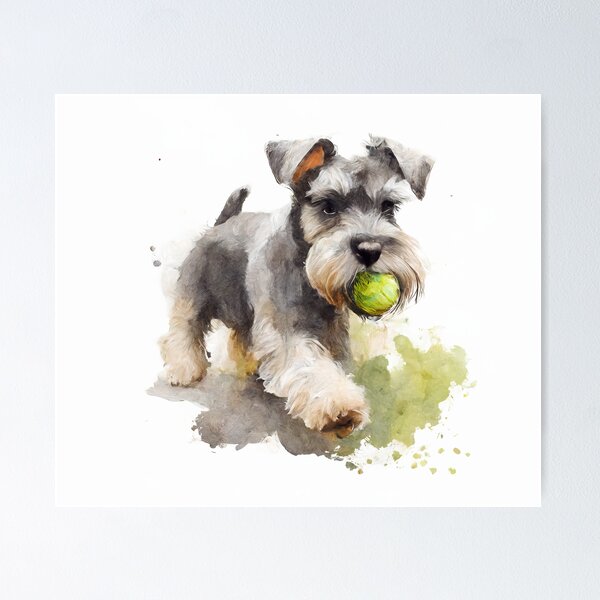 Artikel-Vorschau von Miniatur-Schnauzer, der Ball-Aquarell-Malerei spielt, designt und verkauft von TheArtfulAI.