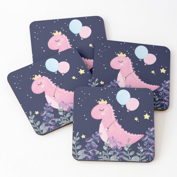 Item preview, Little dinosaur princess with pink and blue balloons in the night designed and sold by Stikle.