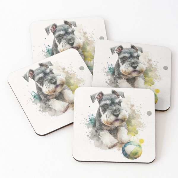 Item preview, Miniature Schnauzer Playing Ball Watercolour Painting designed and sold by TheArtfulAI.